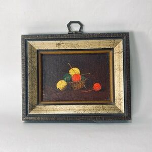 Miniature Vintage Still Life Oil Painting Board Basket Knitting Yarn and Needles
